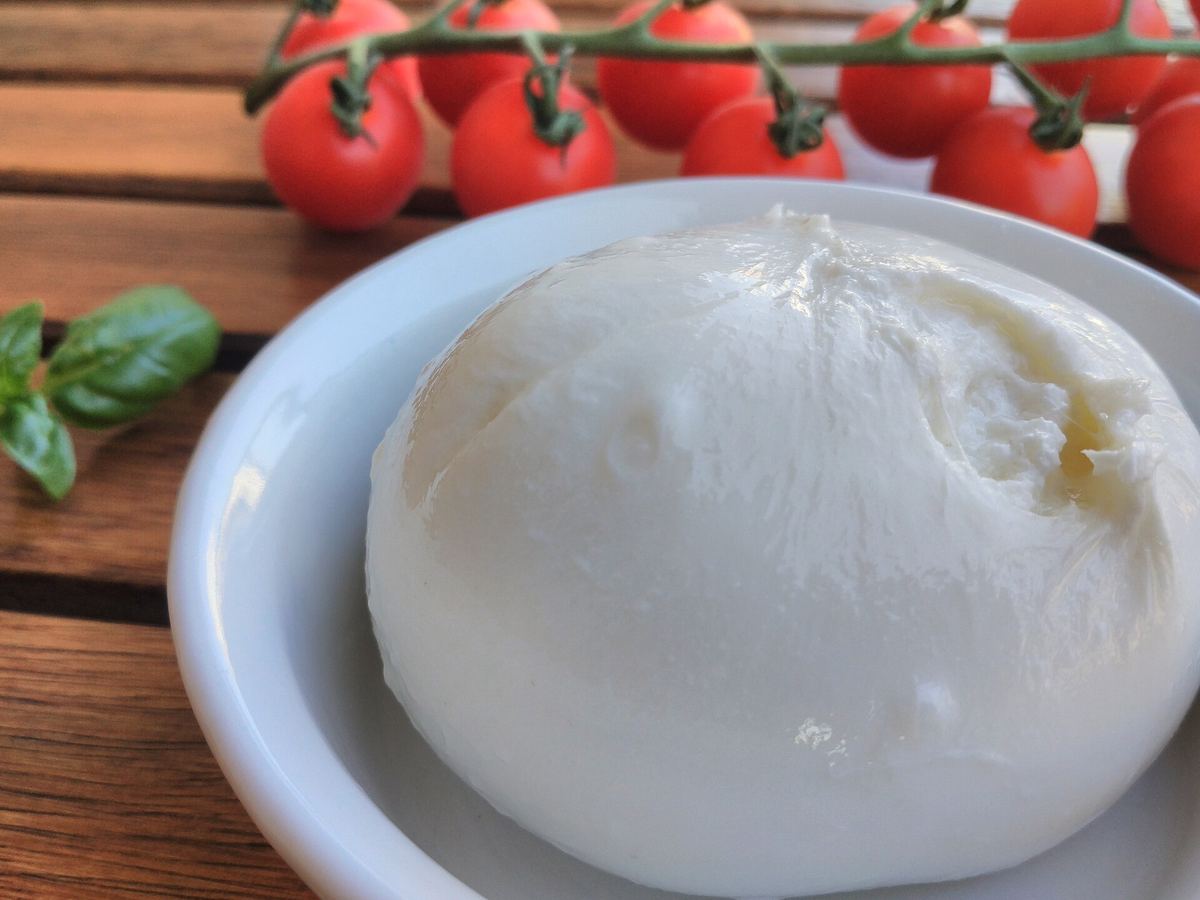 Una burrata intera in un piatto bianco, con pomodorini a grappolo e basilico